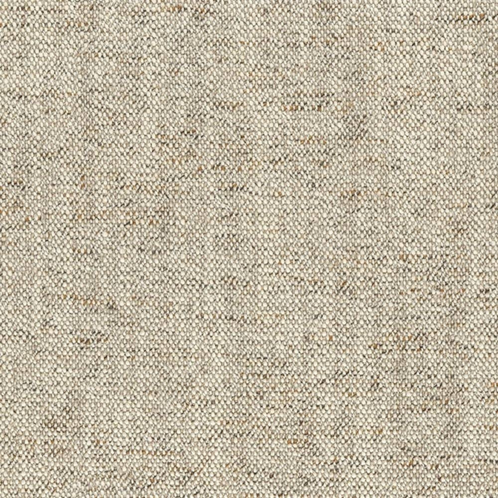 Close-up of beige woven upholstery fabric with subtle tan flecks, showing a tight plain weave and visible yarn texture; 5% linen, 10% rayon, 35% acrylic and 50% polyester blend for sofa upholstery.