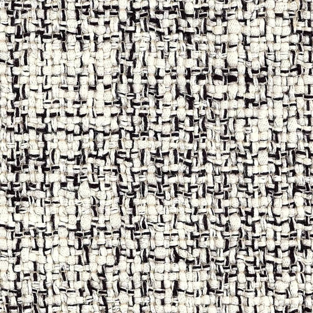 Close-up of a textured cream-beige woven upholstery fabric showing a chunky basket weave with black accent threads; 14.8% linen, 34.5% rayon, 28.6% cotton and 22.1% polyester blend, ideal for contemporary sofa upholstery.