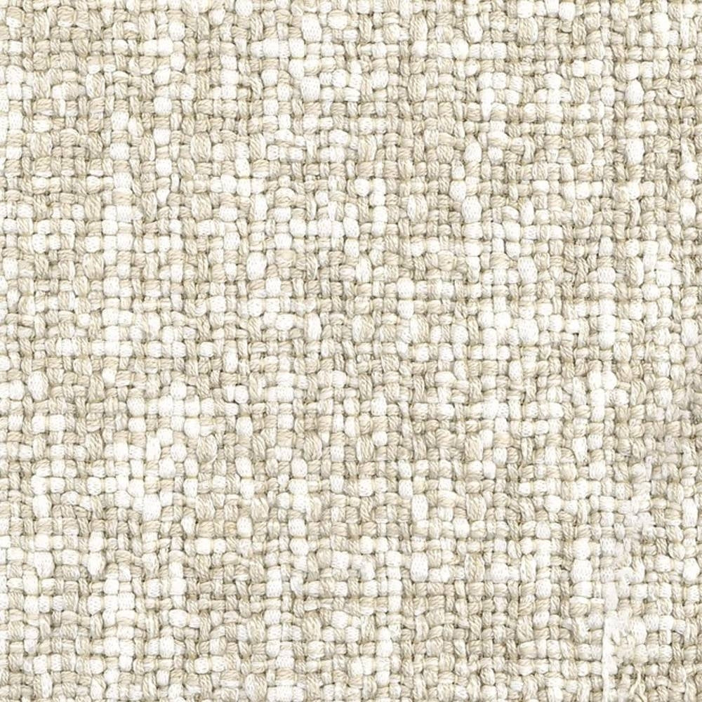 Close-up of beige-cream woven upholstery fabric showing a chunky basketweave texture, made from a linen, rayon, cotton and polyester blend for contemporary sofa upholstery.
