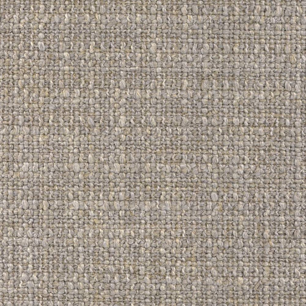 Close-up of beige cream woven upholstery fabric with a textured looped weave, a 14% linen, 16% rayon, 22% acrylic and 48% polyester blend for indoor sofa use.