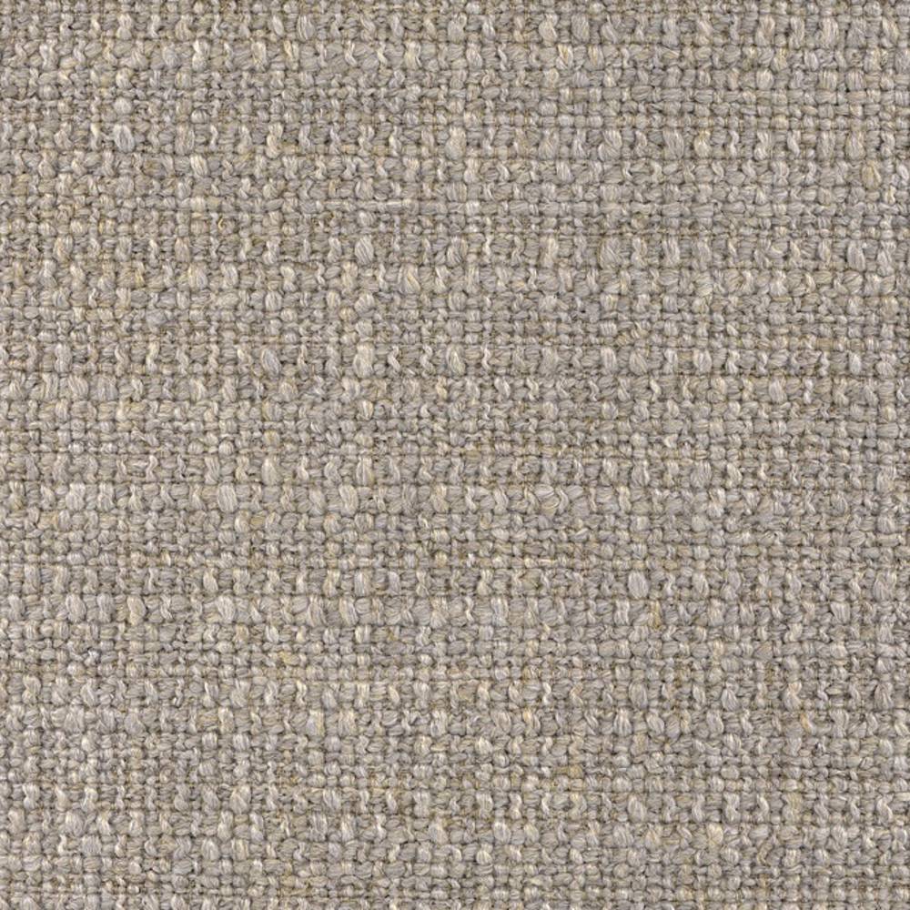 Close-up of beige cream woven upholstery fabric with a textured looped weave, a 14% linen, 16% rayon, 22% acrylic and 48% polyester blend for indoor sofa use.