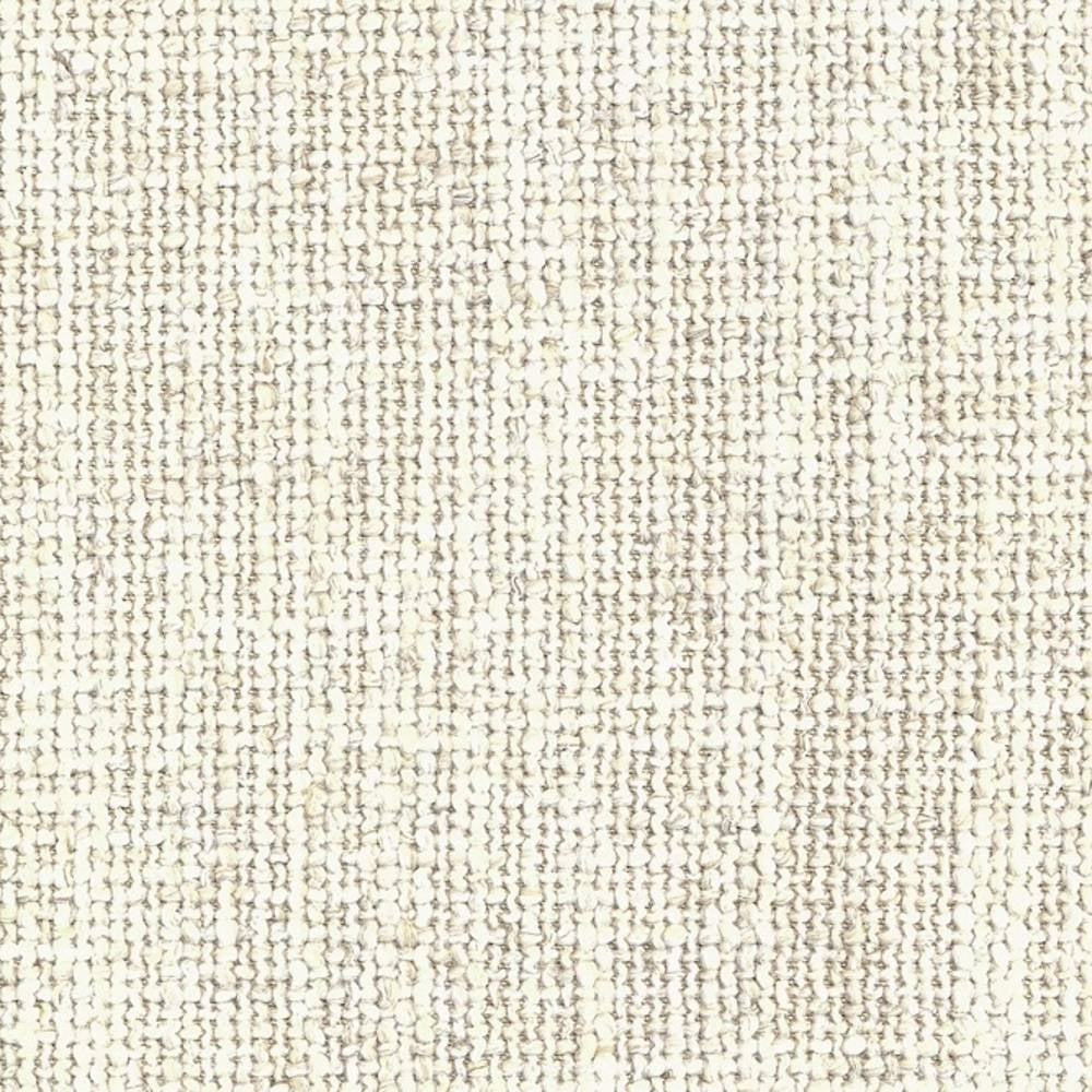 Close-up of light beige woven upholstery fabric showing a looped, textured weave with subtle darker flecks; 10% linen, 14% rayon, 25% acrylic and 51% polyester blend for heavy-duty indoor sofa use.