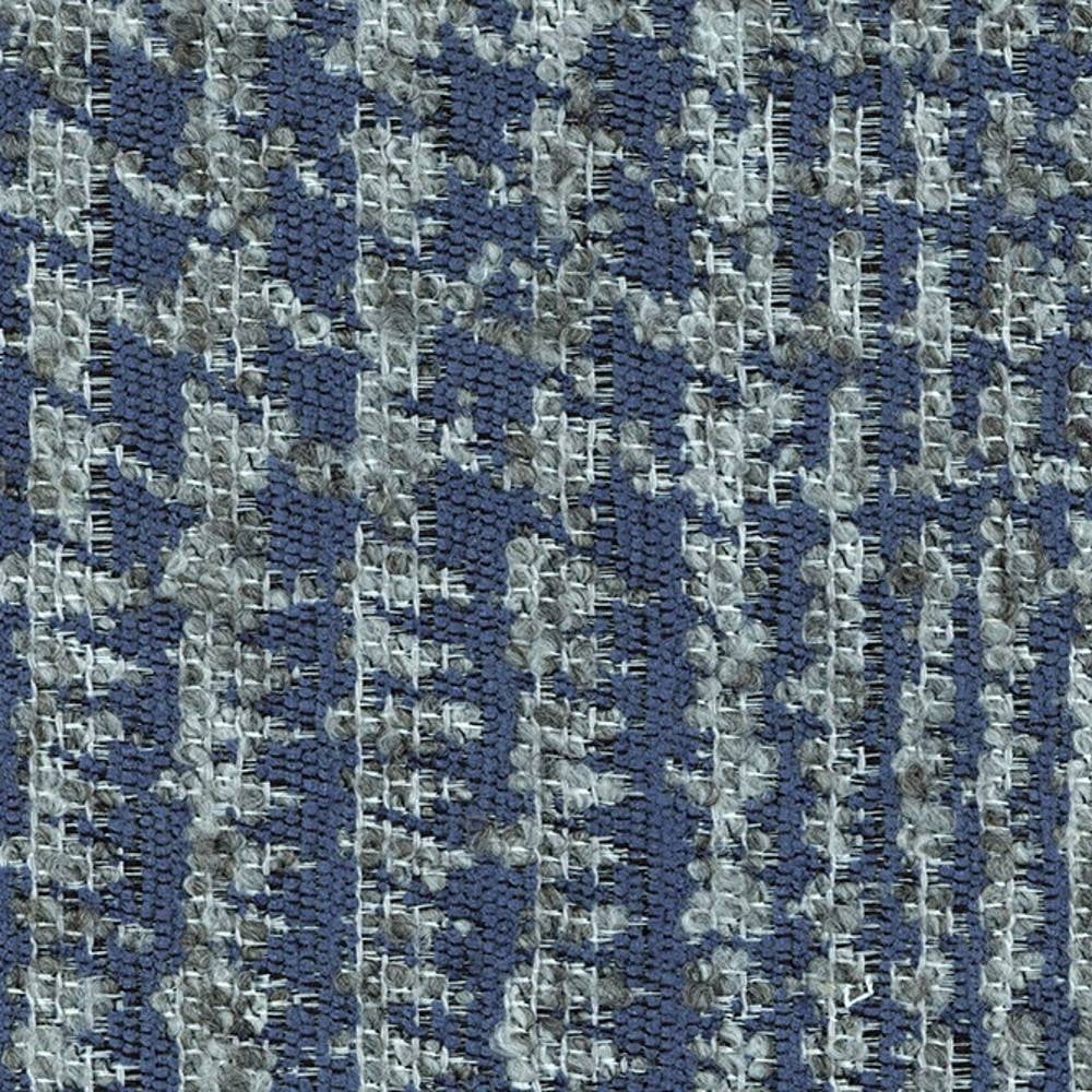 Close-up of blue-gray woven upholstery fabric sample showing textured looped yarns and an irregular grid pattern; 29% viscose, 11% acrylic, 60% polyester, contemporary durable sofa fabric.