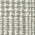 Close-up of beige and gray contemporary upholstery fabric showing a woven taupe background with white boucle-like textured flecks forming a subtle vertical stripe pattern; 29% viscose, 11% acrylic, 60% polyester.