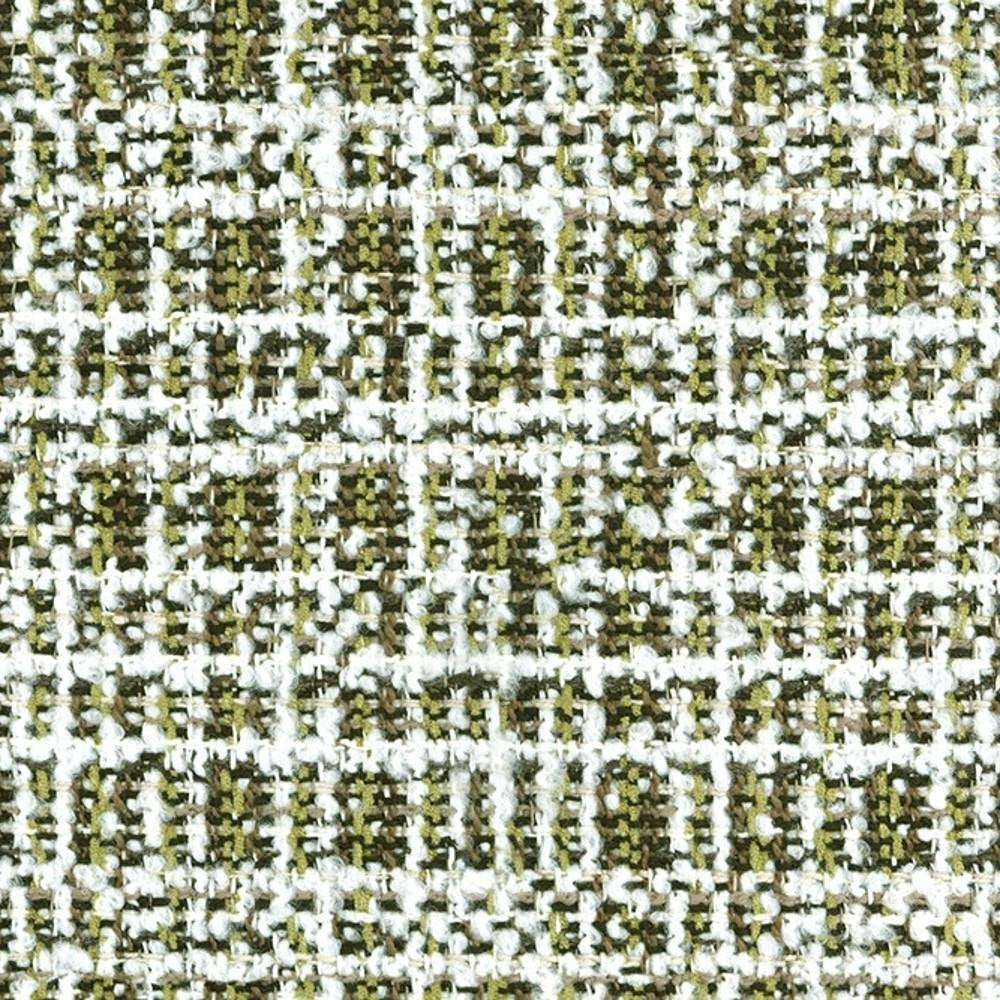 Close-up of olive-green and white boucle upholstery fabric in a 14% acrylic, 12% viscose, 74% polyester blend, showing textured looped yarns and a subtle grid-like weave suited for contemporary sofas.