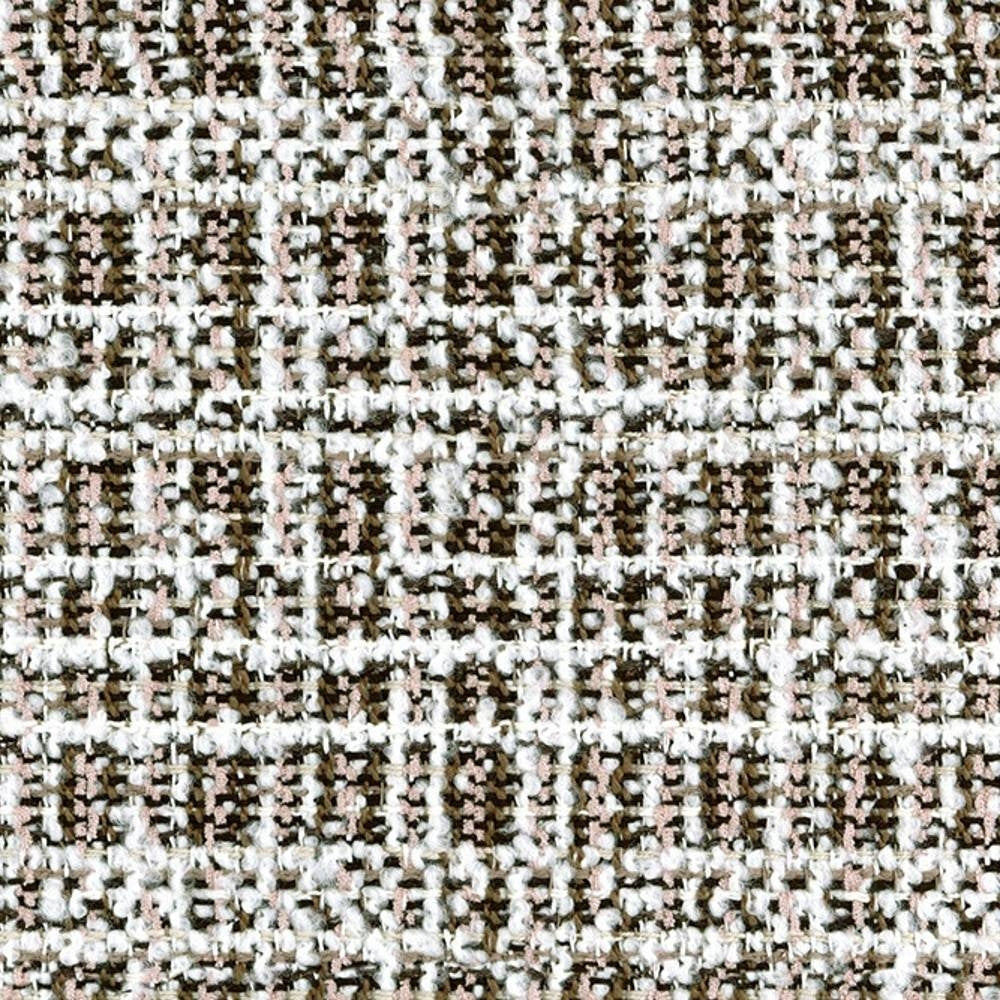 Close-up of cream and brown bouclé upholstery fabric showing looped yarn texture and woven tweed pattern with subtle pale-pink accents; suitable for contemporary sofas, 74% polyester, 14% acrylic, 12% viscose.