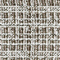 Close-up of cream and brown bouclé upholstery fabric showing looped yarn texture and woven tweed pattern with subtle pale-pink accents; suitable for contemporary sofas, 74% polyester, 14% acrylic, 12% viscose.
