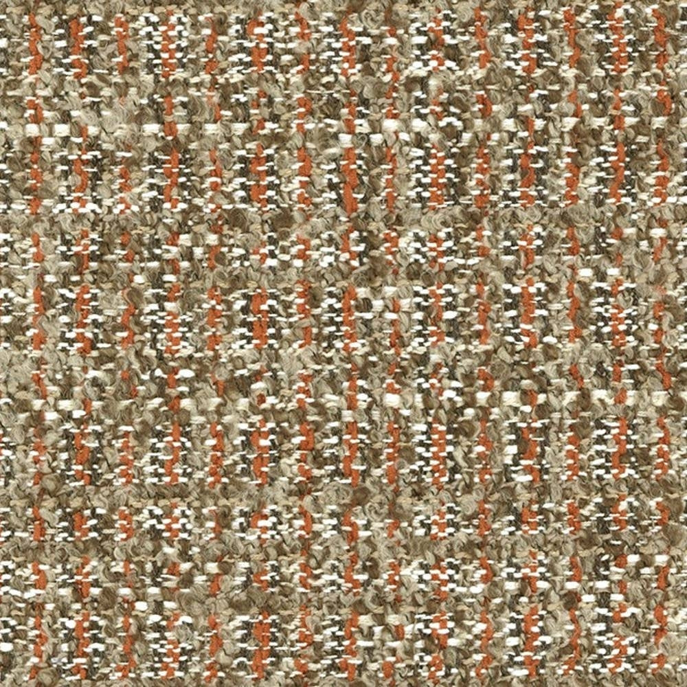 Close-up of boucle upholstery fabric showing a neutral beige-brown base with orange accent threads and white flecks in a looped textured weave; fabric made of polyester, acrylic and viscose for contemporary sofas.