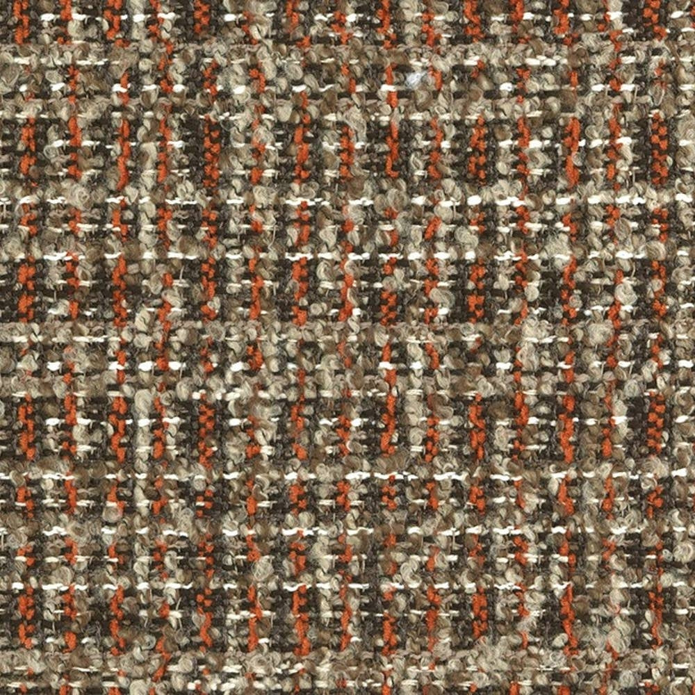 Close-up of brown boucle upholstery fabric with looped texture and woven orange, white and neutral yarn accents; contemporary sofa fabric composed of 14% acrylic, 12% viscose and 74% polyester.
