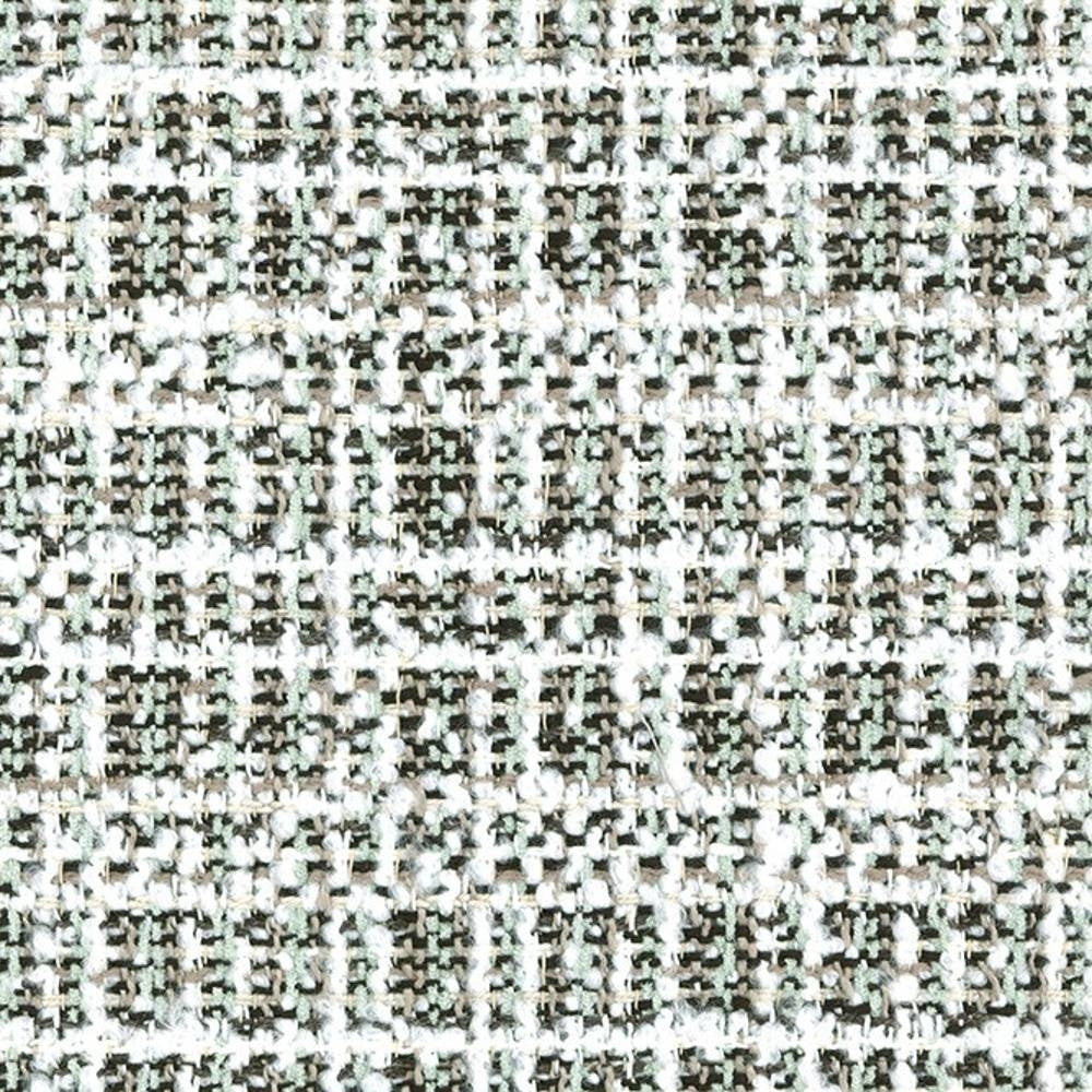 Close-up of neutral boucle upholstery fabric showing white, beige and pale green looped threads in a textured woven pattern; 14% acrylic, 12% viscose, 74% polyester sofa fabric.