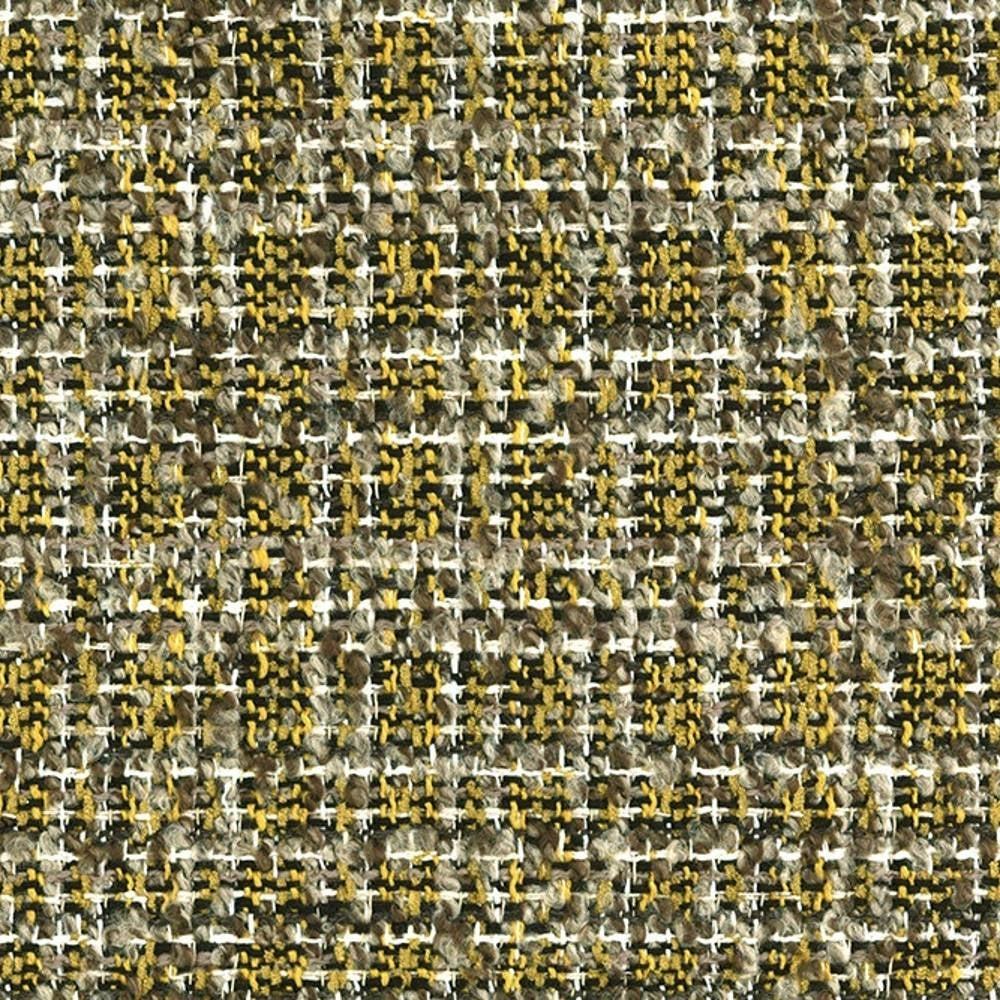 Close-up of boucle upholstery fabric showing a woven tweed pattern in mustard yellow, brown and cream with white warp threads and looped textured fibers, ideal for contemporary sofa upholstery.