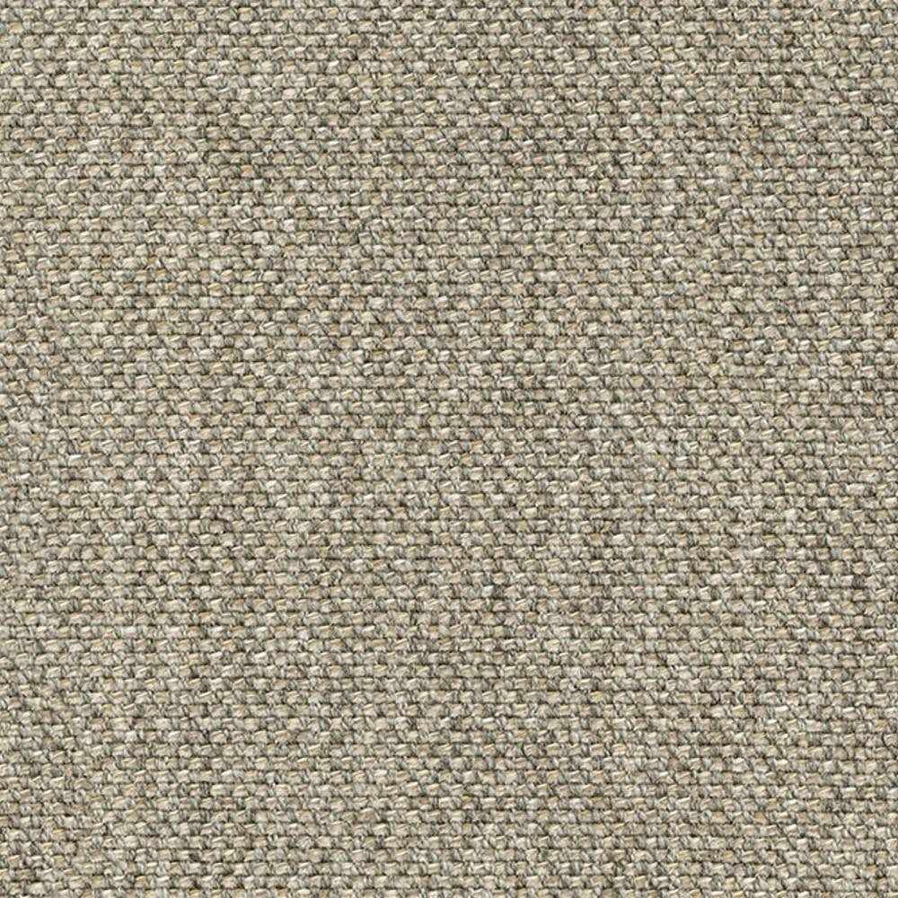 Close-up of a beige cream woven upholstery fabric sample for sofas, showing a textured basketweave in a 6% linen, 35% rayon, 20% acrylic and 39% polyester blend.