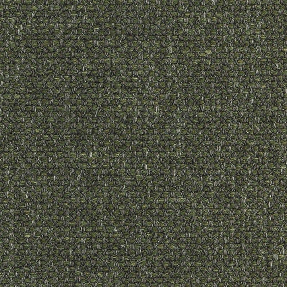 Close-up of olive-green woven upholstery fabric in a 13% linen, 45% acrylic, 42% polyester blend showing a small textured looped weave, ideal for sofa upholstery.
