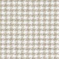 Beige and white small-scale houndstooth upholstery fabric sample with a textured woven surface, 68% rayon and 32% triacetate blend, 0.75 in x 0.75 in pattern repeat, shown for sofa/upholstery use.