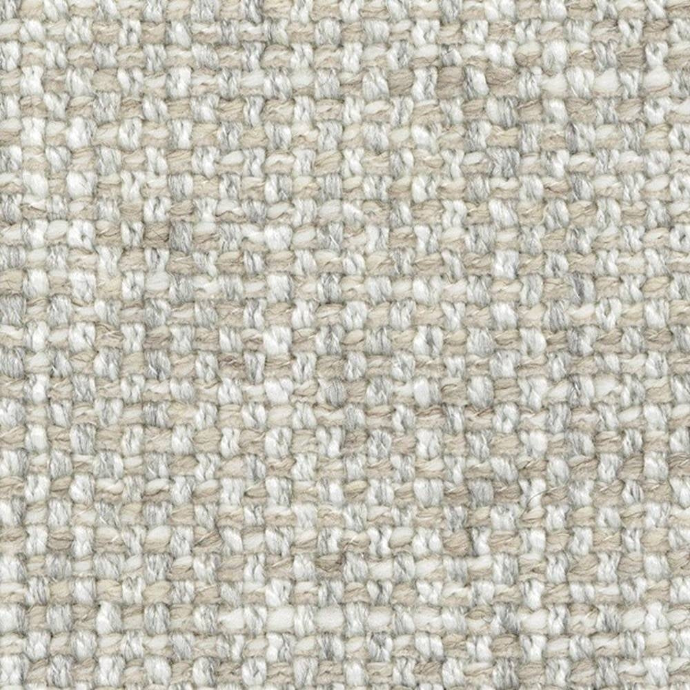 Close-up of cream wool-blend upholstery fabric (17% wool, 10% viscose, 61% acrylic, 12% polyester) showing a textured looped woven surface with neutral beige and white fibers, ideal for sofas.