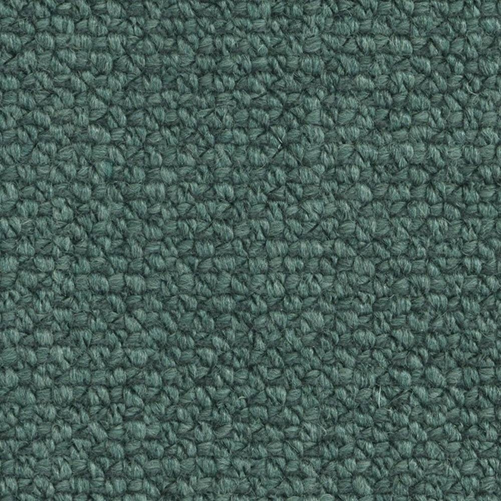 Close-up of teal-green looped upholstery fabric in a 17% wool, 10% viscose, 61% acrylic and 12% polyester blend, showing dense boucle texture ideal for sofa and indoor upholstery.