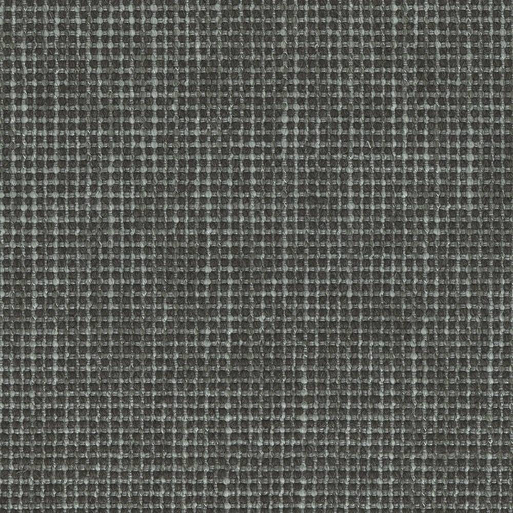 Close-up of charcoal-gray woven upholstery fabric showing a tight grid-like basketweave texture; fabric blend of wool, linen, viscose, acrylic and polyester for contemporary sofa use.