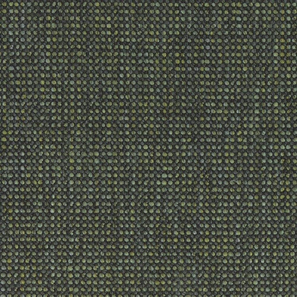 Close-up of olive-green woven upholstery fabric showing a dense pebble-like texture; a wool and linen blend with viscose, acrylic and polyester suitable for contemporary sofa upholstery.