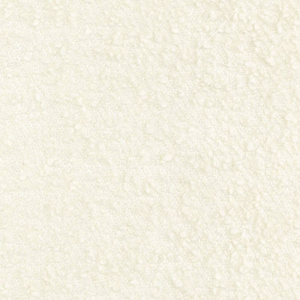Close-up of cream boucle woven upholstery fabric for sofas, showing a soft nubby texture; 24% wool, 11% linen, 15% viscose, 40% acrylic and 10% polyester blend.