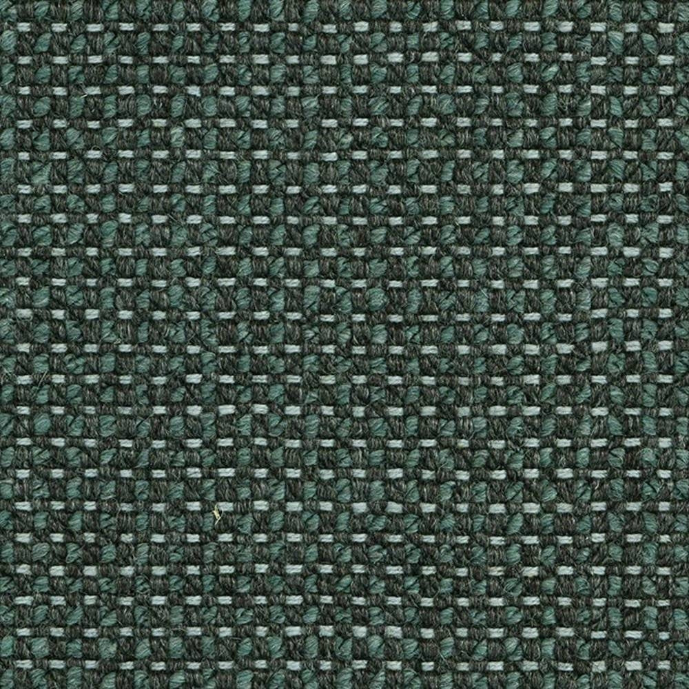 Close-up of a densely woven forest-green upholstery fabric for sofas, showing a textured basket-weave pattern in an 18% wool, 5% linen, 59% acrylic and 18% polyester blend.