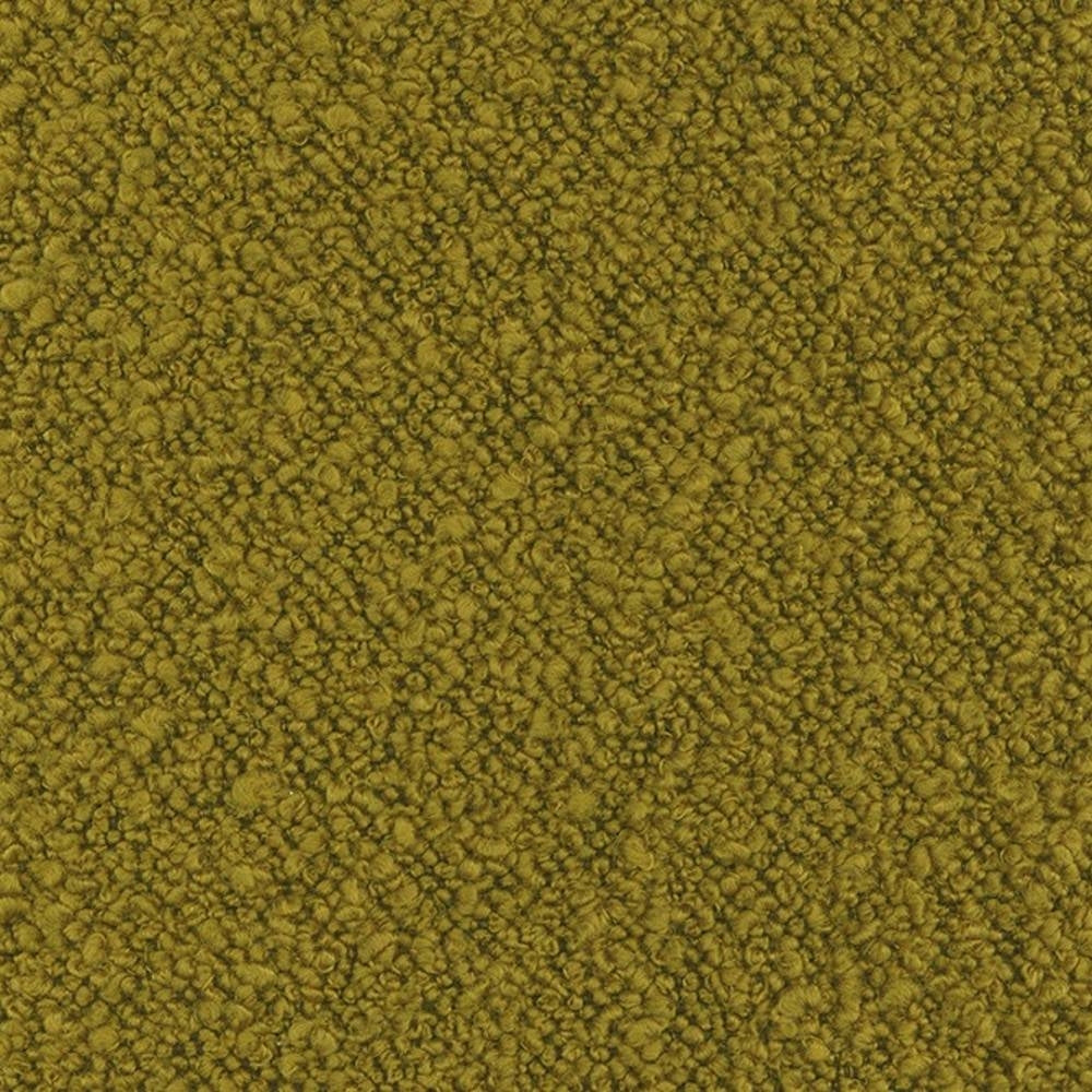Close-up of olive-green wool-blend boucle upholstery fabric showing a dense, looped texture ideal for contemporary sofa upholstery.