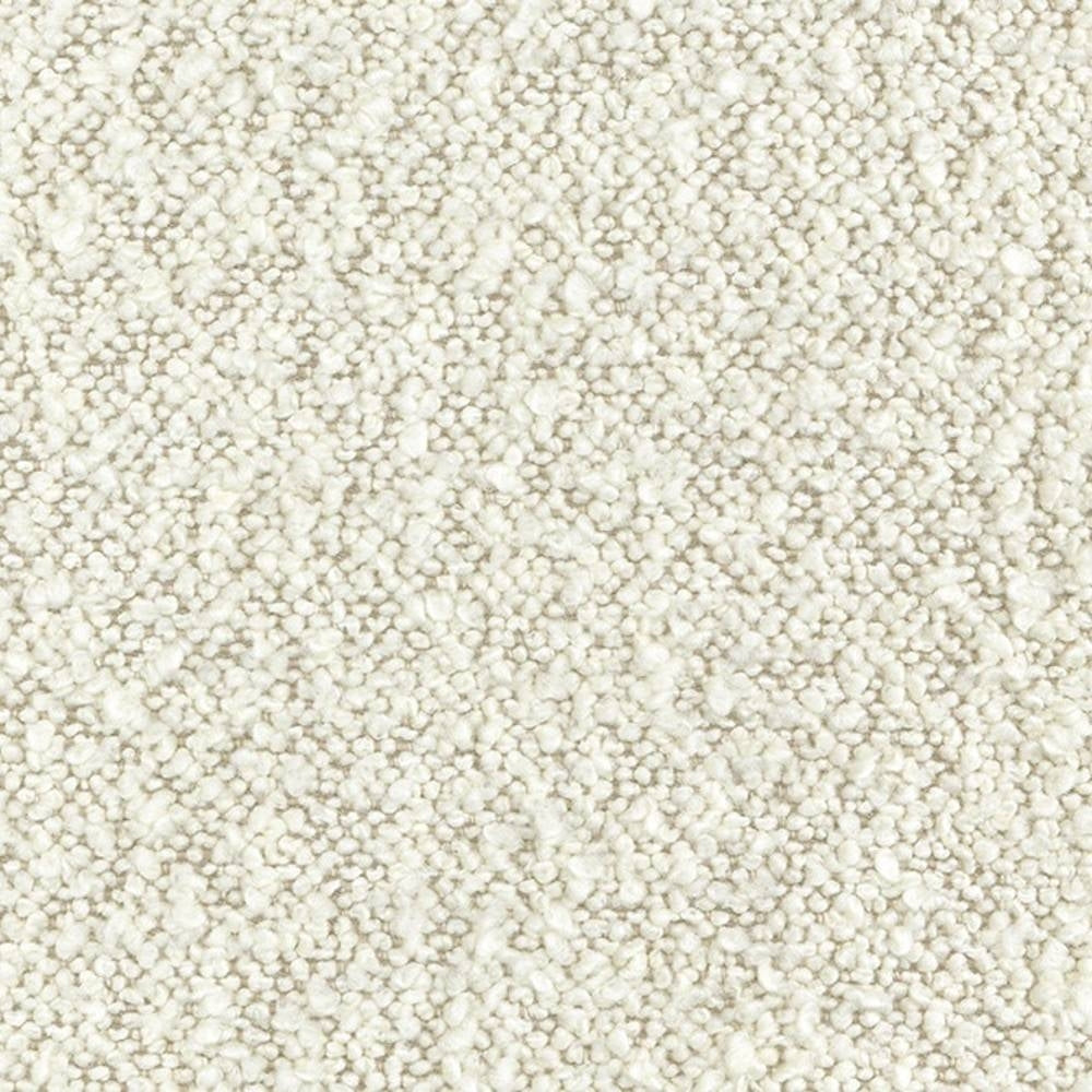 Close-up of cream boucle upholstery fabric showing dense looped texture; 31% wool, 55% acrylic, 14% polyester blend suitable for contemporary sofas.
