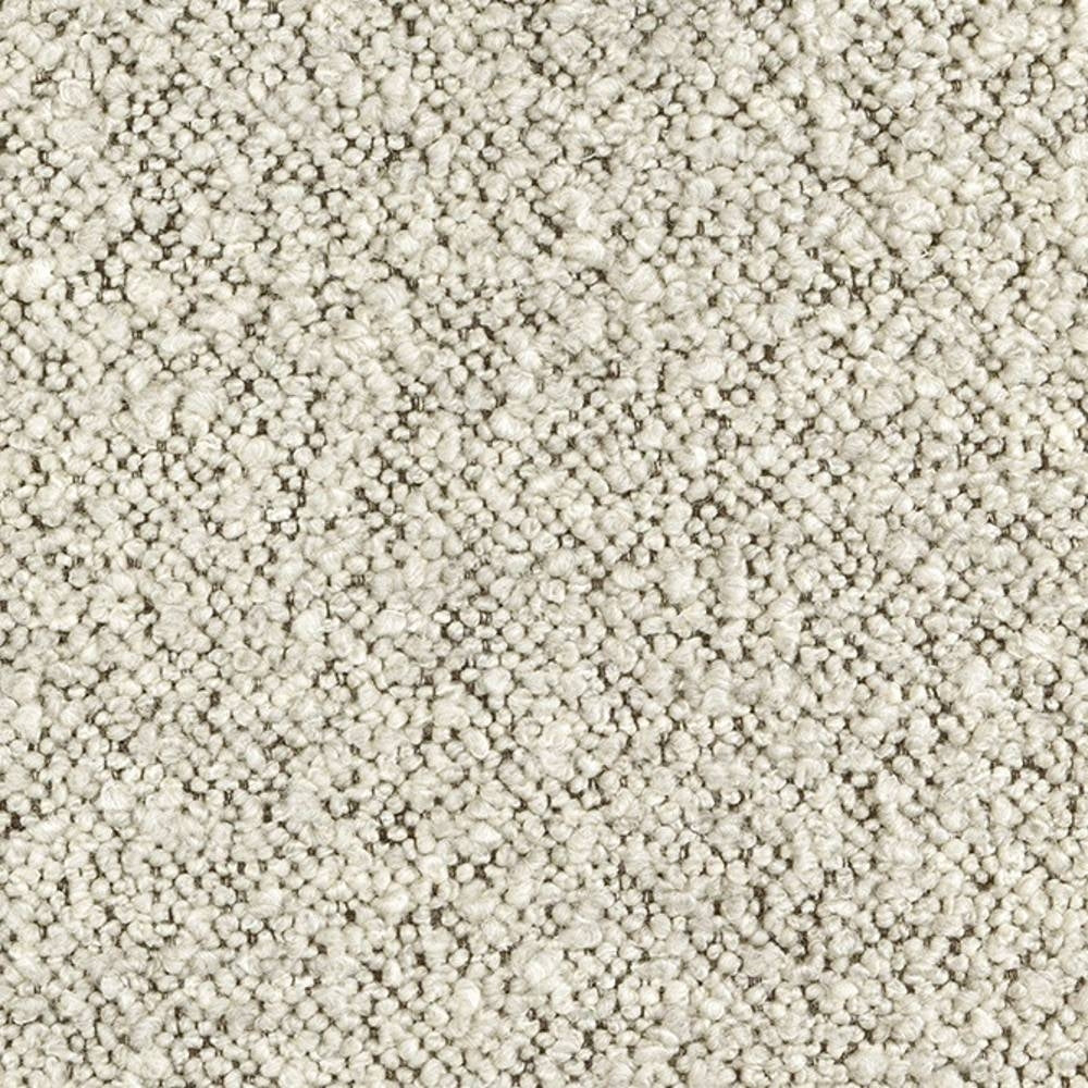 Close-up of a cream boucle upholstery fabric swatch showing dense looped texture; 31% wool, 55% acrylic and 14% polyester blend designed for sofa upholstery.