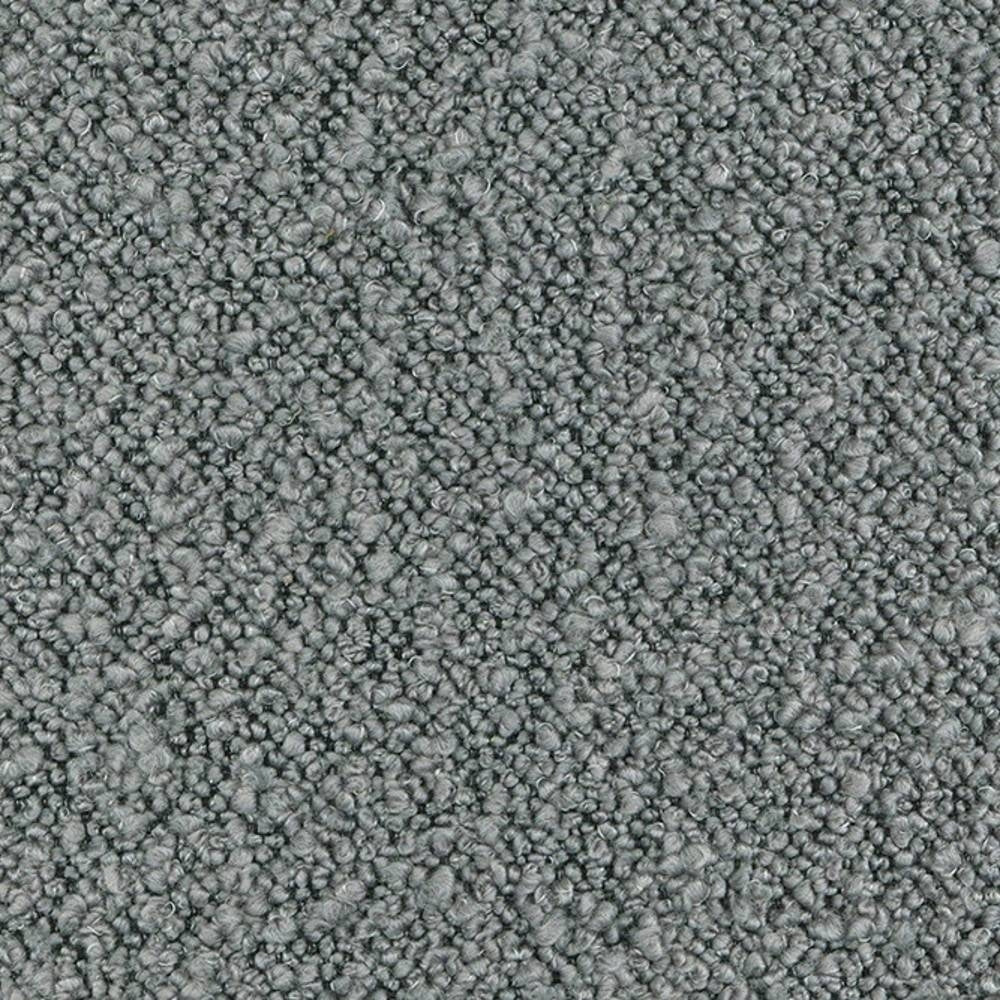 Close-up of a neutral light-gray wool-blend upholstery fabric (31% wool, 55% acrylic, 14% polyester) showing dense looped bouclé texture suitable for modern or contemporary sofas.