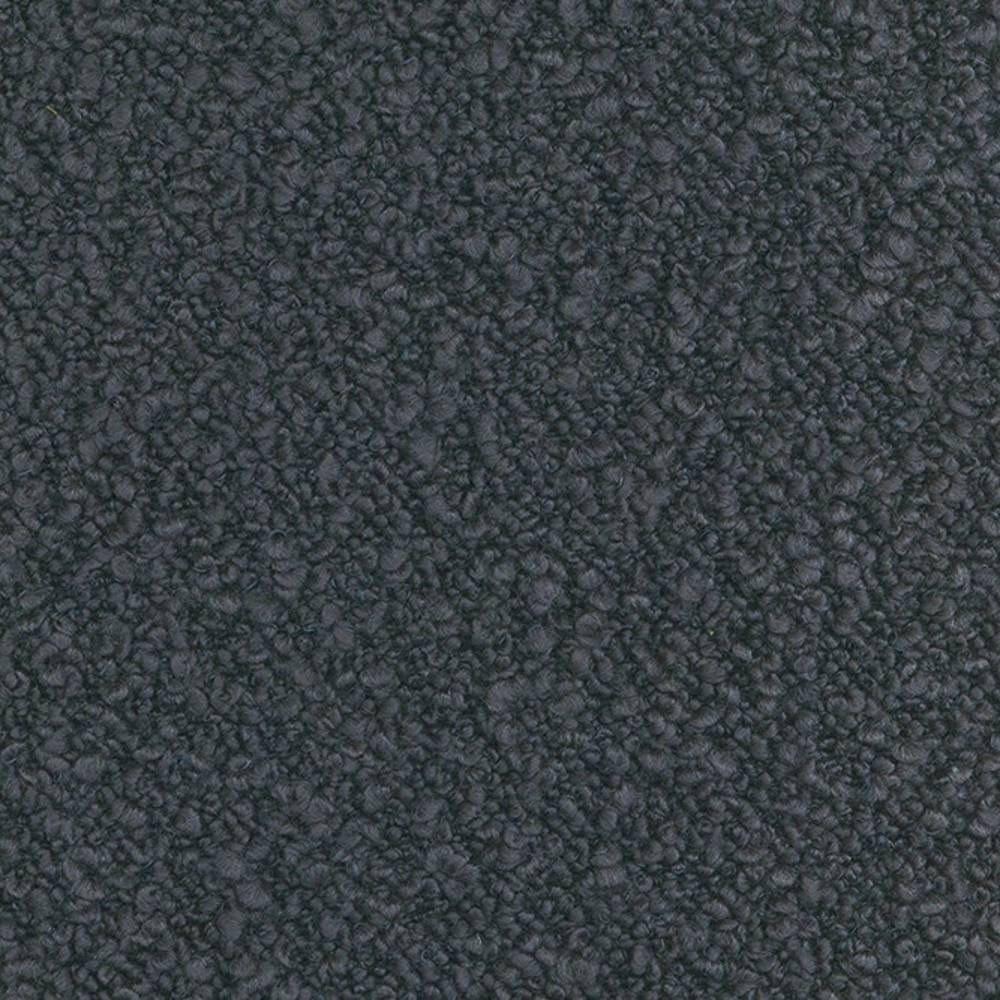 Close-up of dark charcoal boucle upholstery fabric in a 31% wool, 55% acrylic, 14% polyester blend showing dense looped texture, ideal for contemporary and modern sofas.
