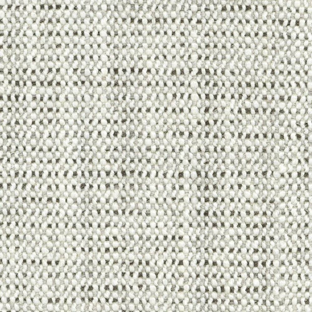 Close-up of neutral off-white woven upholstery fabric showing a small looped texture and subtle gray flecks; wool-blend composition (18% wool, 67% acrylic, 15% polyester) for sofa upholstery.