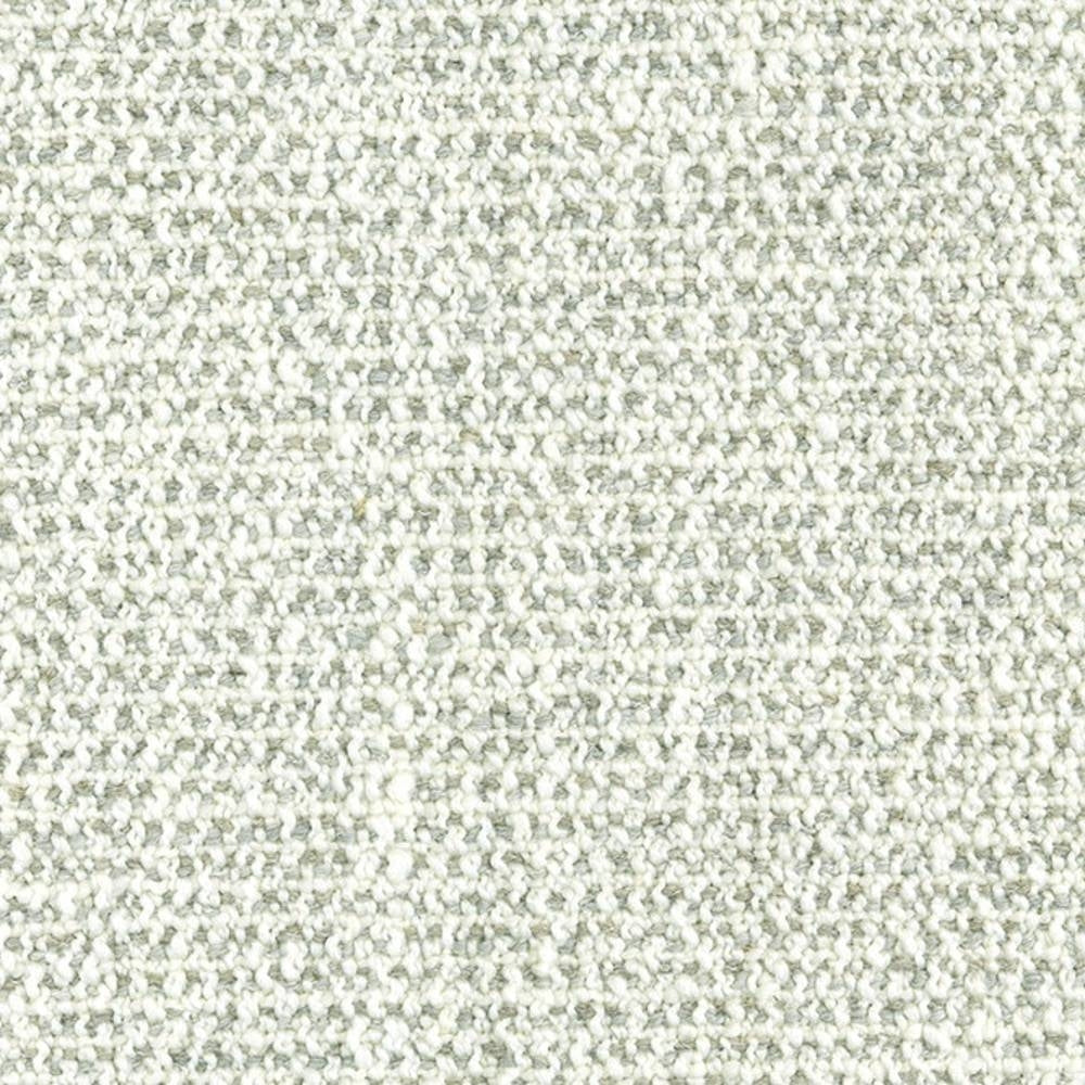 Close-up of cream bouclé sofa upholstery fabric showing a tight looped weave with subtle gray flecks; 19% wool, 5% linen, 63% acrylic, 13% polyester.
