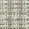 Close-up of neutral beige and gray boucle upholstery fabric showing a chunky, grid-like woven texture made from blended linen, wool, acrylic and polyester, suitable for sofa upholstery.