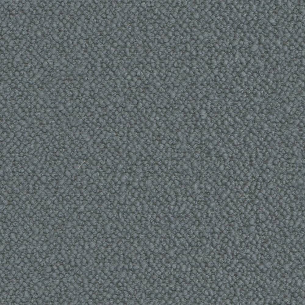 Close-up of neutral gray boucle upholstery fabric showing dense nubby texture; 30% wool, 50% acrylic, 20% polyester, heavy-duty for sofa use.