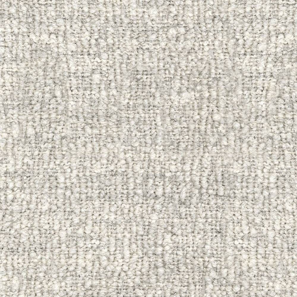 Close-up of light beige-gray boucle upholstery fabric showing soft looped texture; 30% wool, 46% acrylic and 24% polyester blend suited for modern, contemporary sofas and office seating.