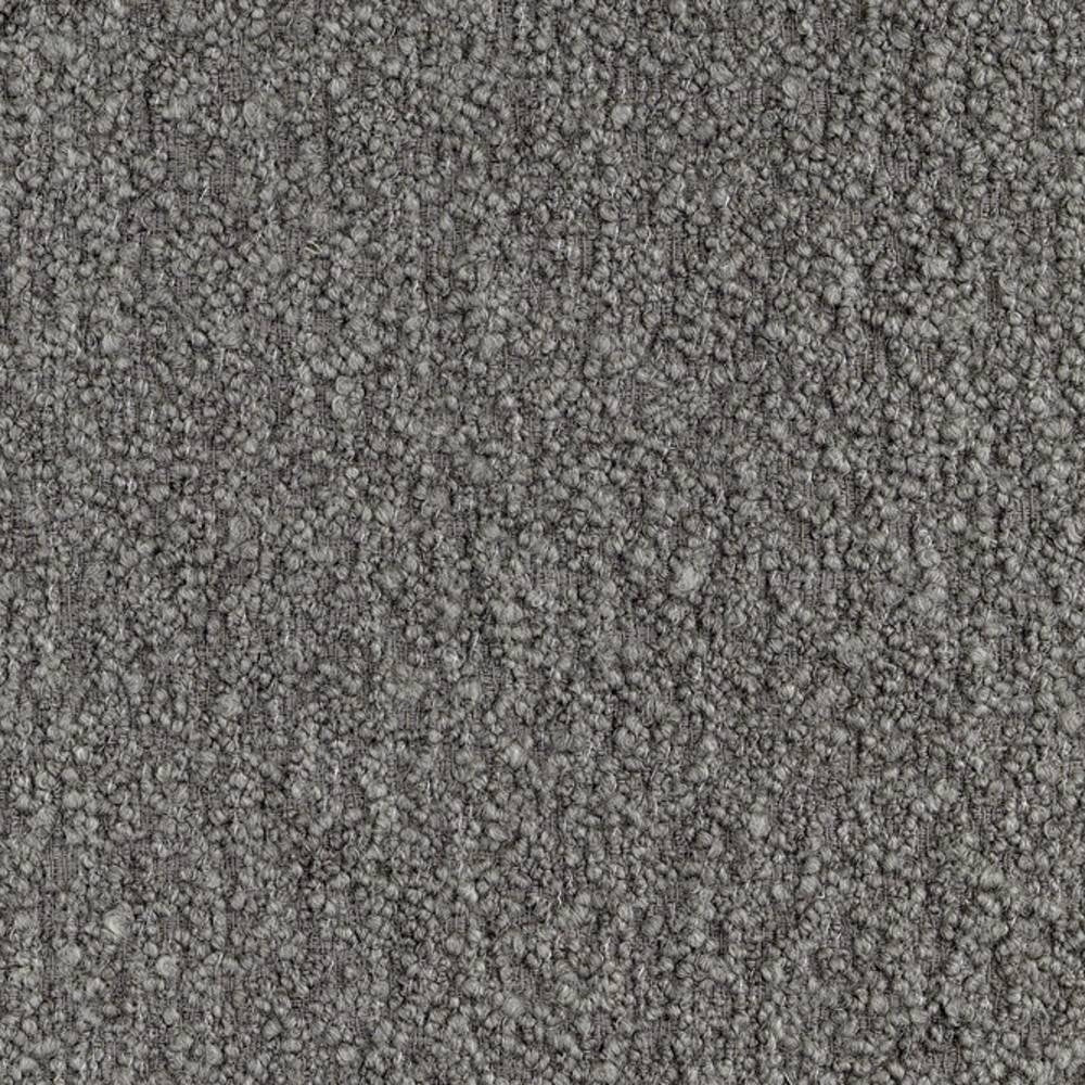 Close-up of neutral gray boucle upholstery fabric in a 30% wool, 47% acrylic, 23% polyester blend, showing dense looped texture ideal for modern sofas.