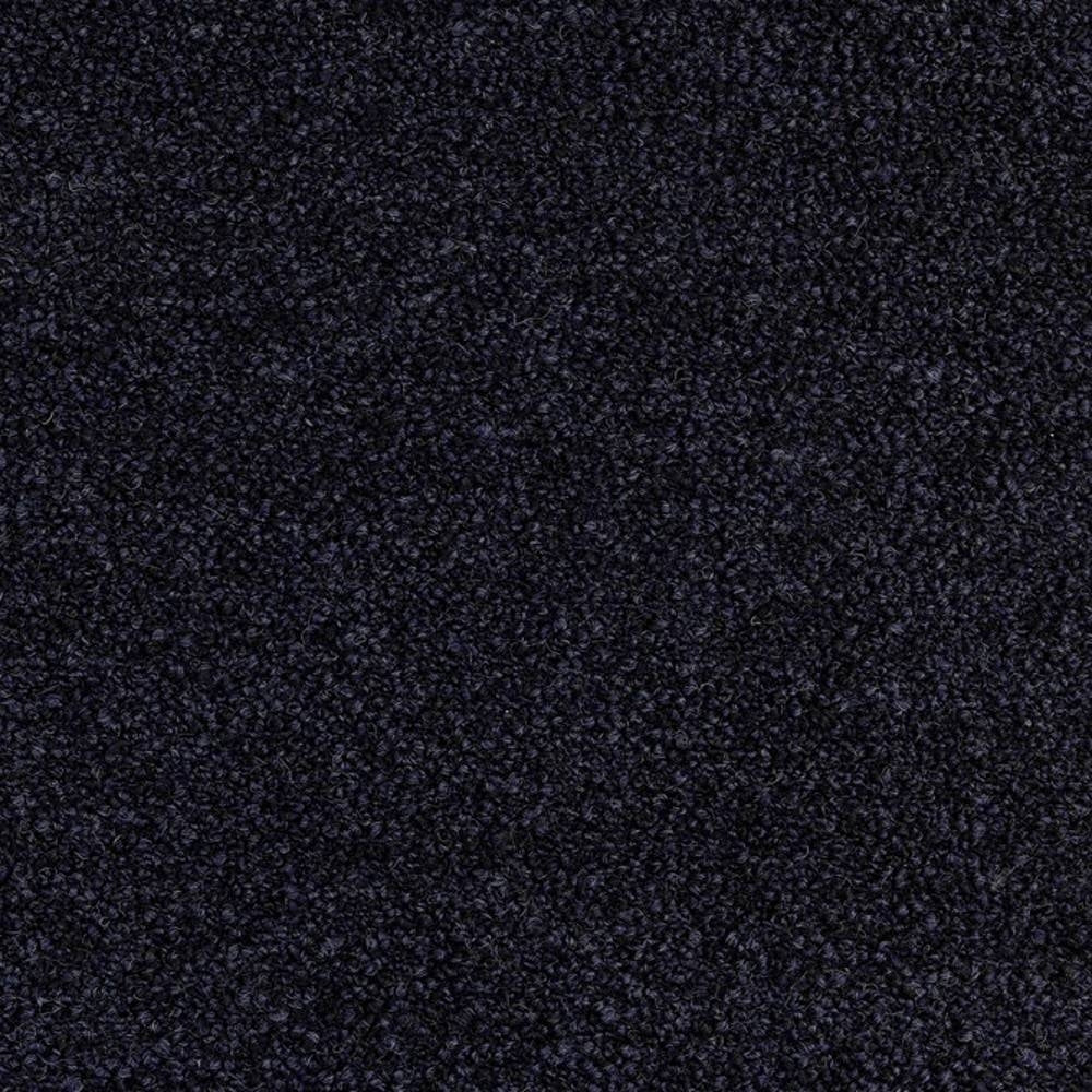 Close-up of dark charcoal gray bouclé upholstery fabric with dense looped texture, made of 30% wool, 40% acrylic and 30% polyester, shown as a square swatch for contemporary sofas.