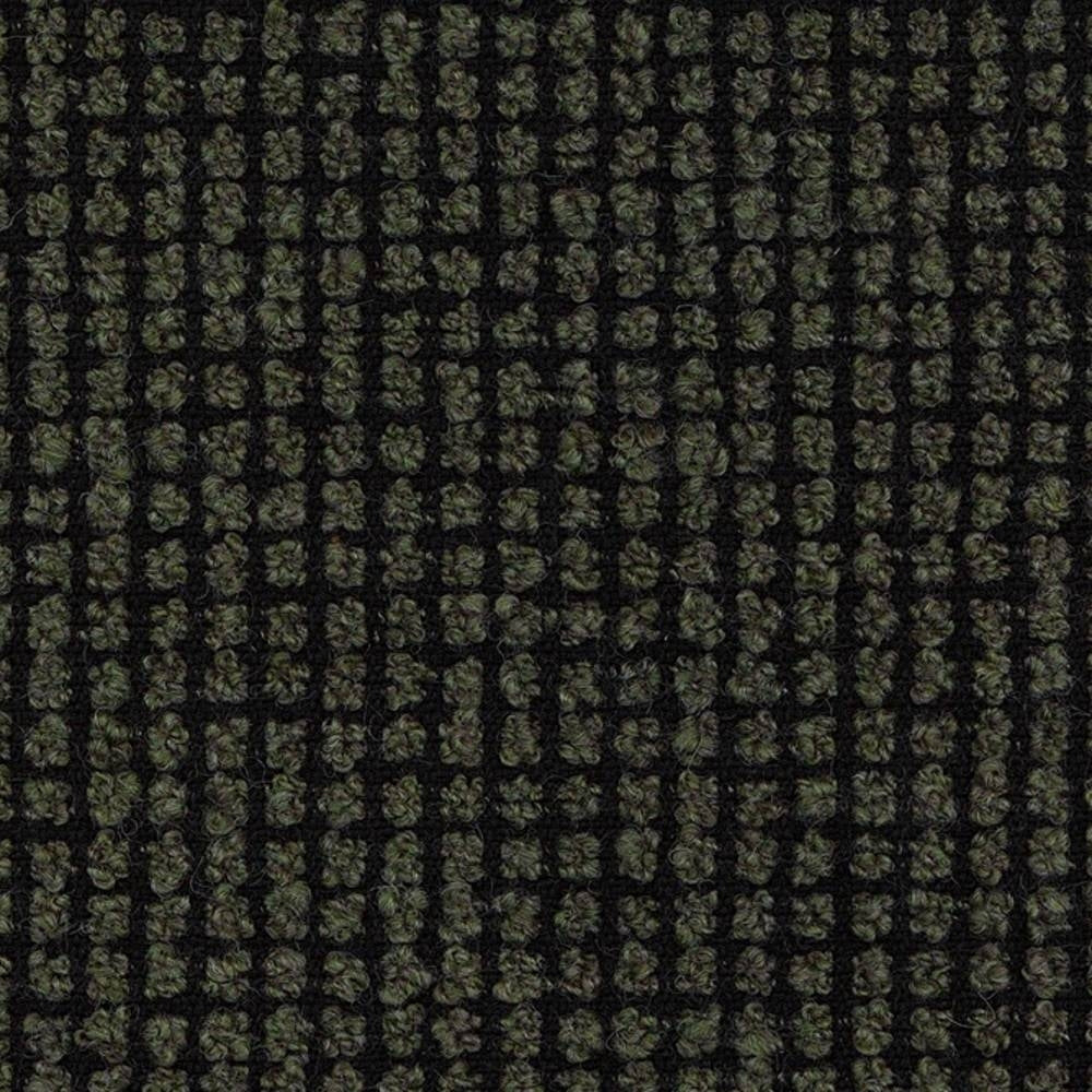 Close-up of olive green and black boucle sofa fabric showing a small grid-like looped woven texture, 25% wool, 40% acrylic and 35% polyester blend for upholstery.