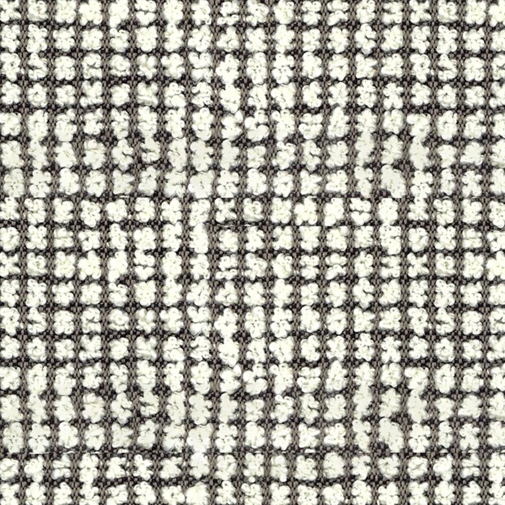 Close-up of cream boucle woven upholstery fabric with a charcoal grid forming a small-scale check pattern; looped wool-acrylic-polyester yarn creates a textured neutral fabric for sofas.