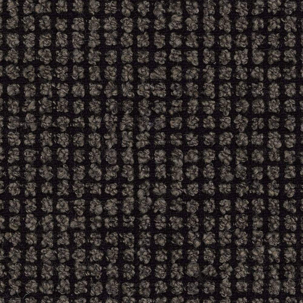 Close-up of beige boucle woven upholstery fabric with dark charcoal grid pattern and looped texture, 25% wool / 40% acrylic / 35% polyester blend suitable for sofas.