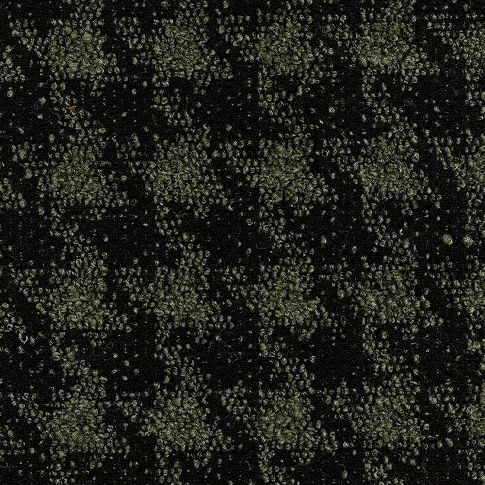 Close-up of black boucle upholstery fabric with olive-green looped texture and subtle speckled pattern, a 25% wool/44% acrylic/21% cotton/10% polyester blend suitable for sofa upholstery.