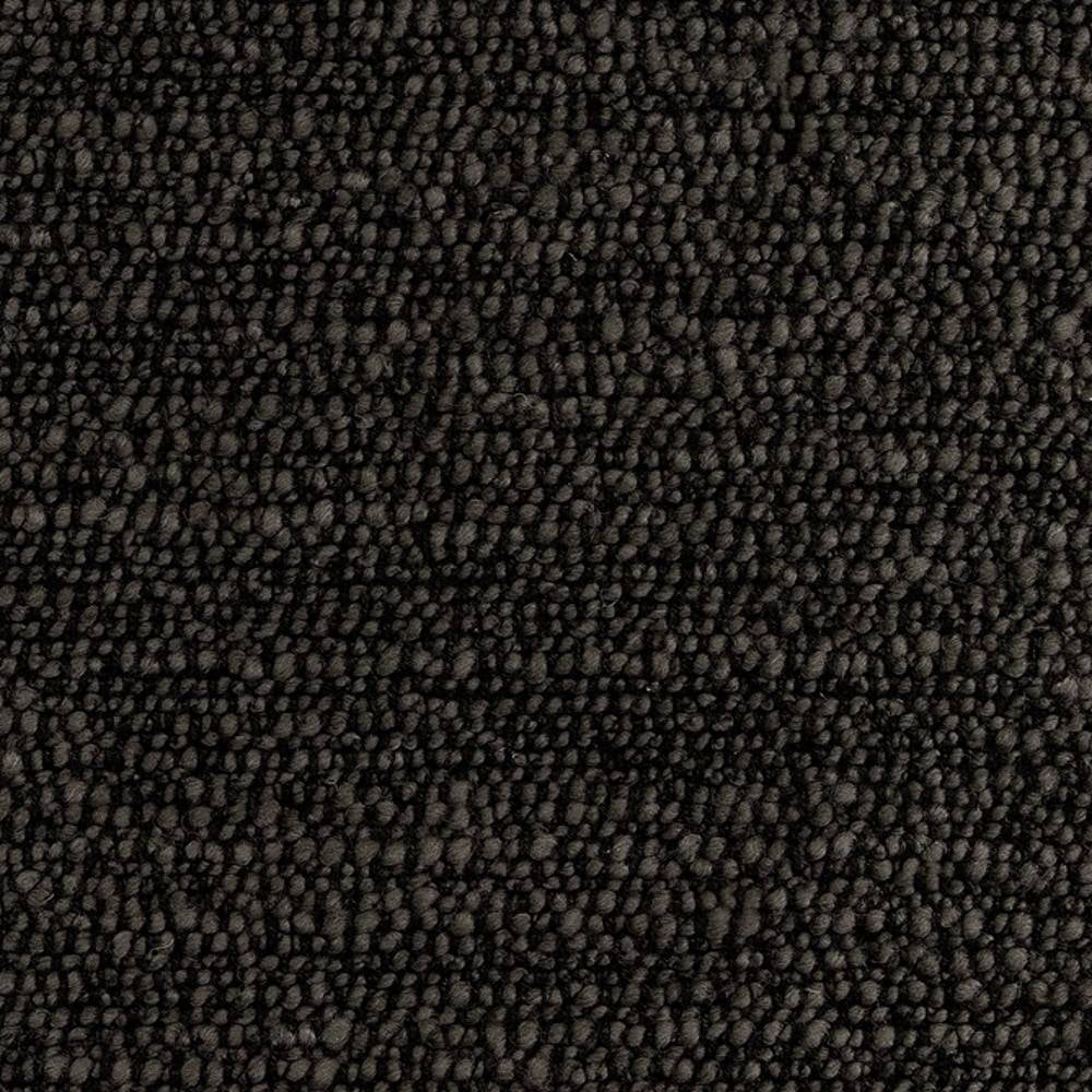 Close-up of dark charcoal boucle upholstery fabric with dense looped pebble texture, woven from 20% wool, 25% acrylic, 12% linen, 20% rayon and 23% polyester.