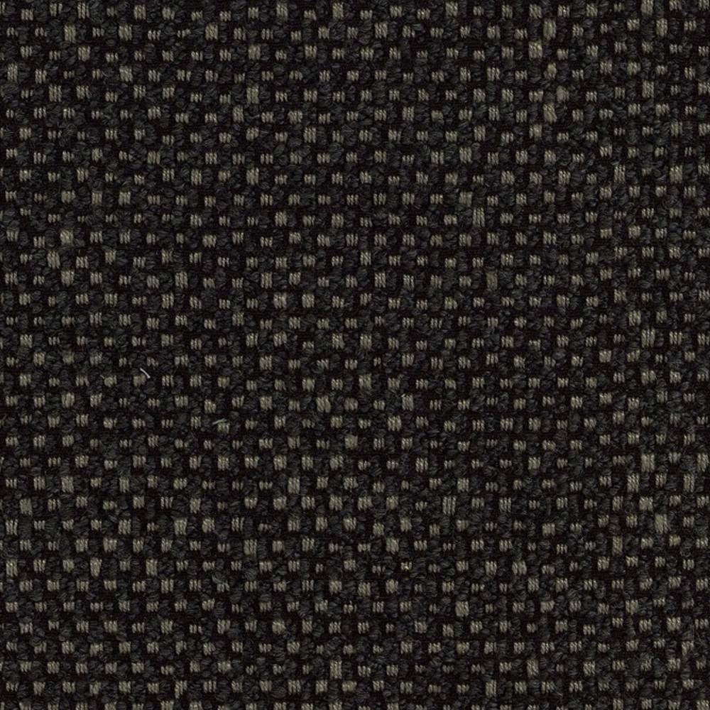 Close-up of neutral woven sofa upholstery fabric in dark charcoal with subtle gray flecks, showing a tight textured basket weave; blend of wool, acrylic, linen, rayon and polyester.