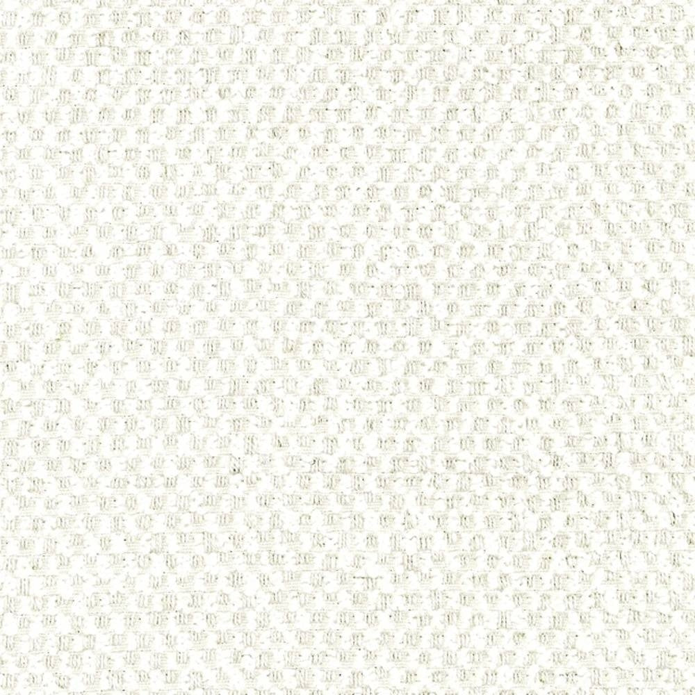 Close-up of an off-white neutral upholstery fabric swatch showing a small waffle-like basketweave texture; blended fibers include wool, acrylic, linen, rayon and polyester, intended for sofa use.