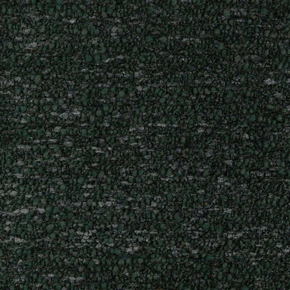 Close-up of deep green boucle wool-blend upholstery fabric showing dense pebble-like loop texture with charcoal-gray flecks, ideal for contemporary sofa upholstery.