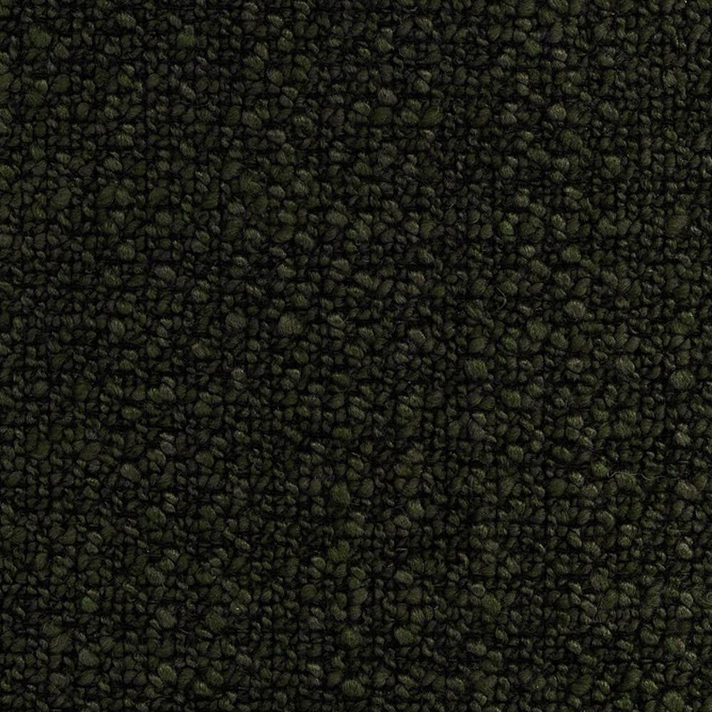 Close-up of dark olive-green boucle upholstery fabric showing dense looped pile texture; heavy-duty sofa textile composed of 73% rayon and 27% triacetate for durable indoor use.