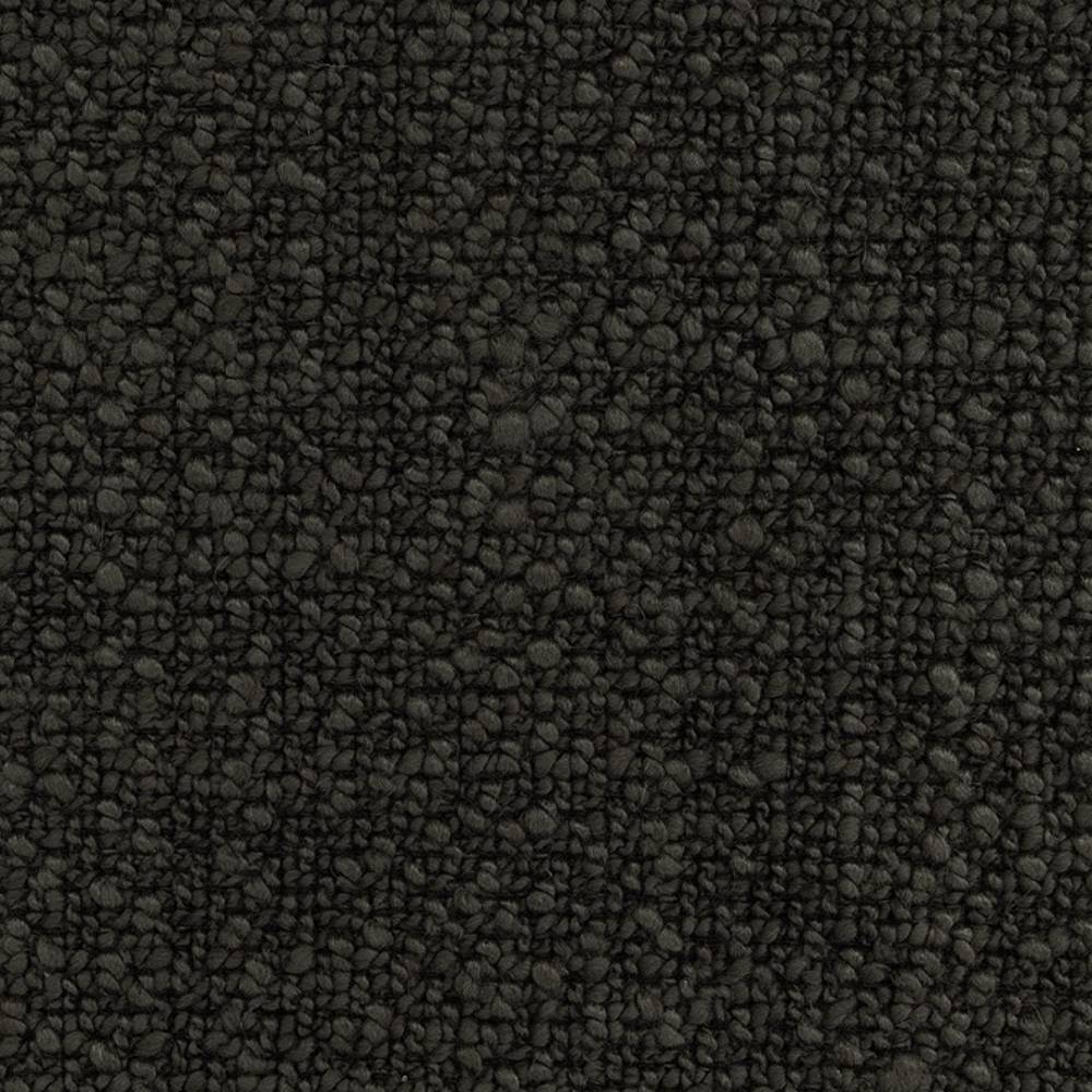 Close-up of dark charcoal boucle upholstery fabric showing dense curly loop texture; 73% rayon and 27% triacetate heavy-duty indoor fabric suitable for sofas.
