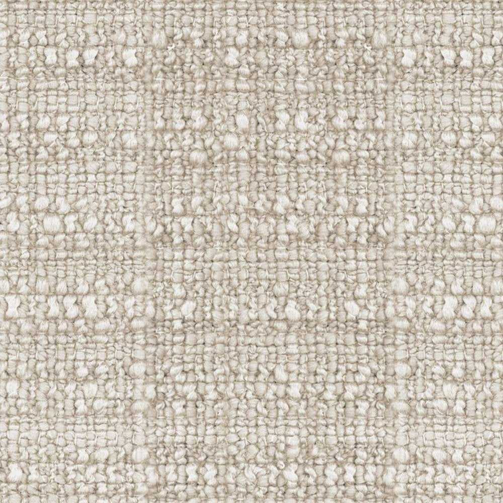 Close-up of a cream nubby boucle upholstery fabric sample showing a looped, textured weave; 32% wool, 48% acrylic, 20% triacetate blend designed for sofa upholstery.