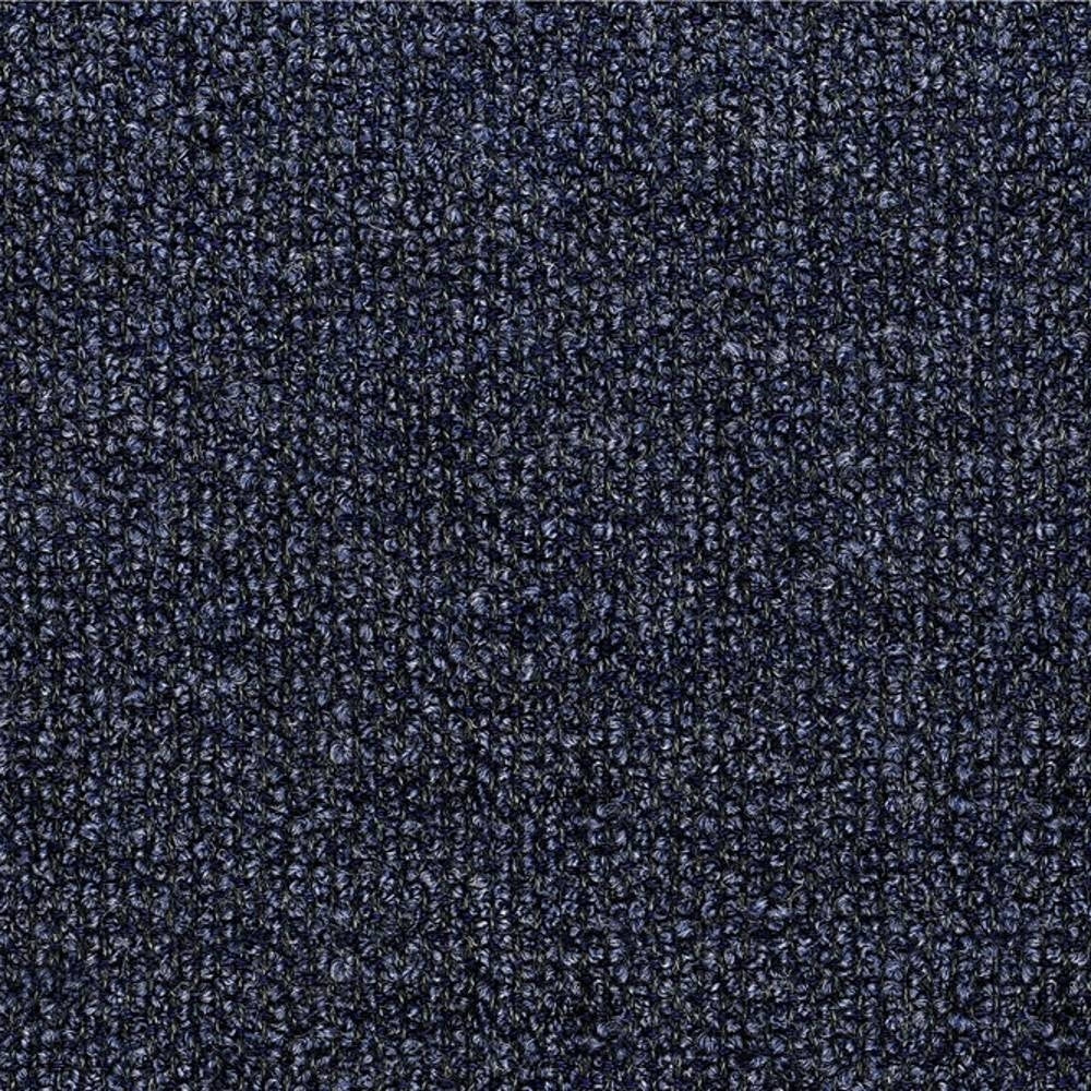 Close-up of navy boucle upholstery fabric showing tight looped texture; 25% wool, 45% acrylic and 30% triacetate blend suitable for contemporary sofa upholstery.