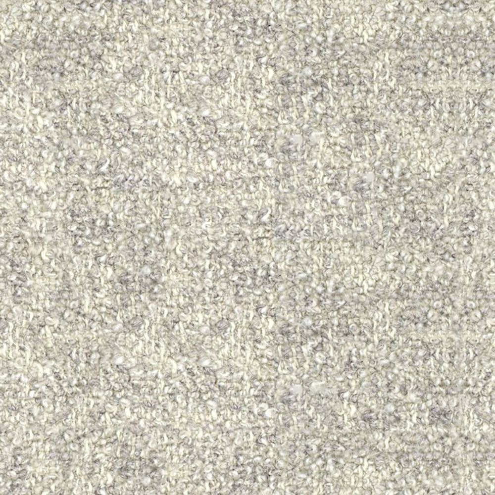 Close-up of cream boucle upholstery fabric swatch showing a looped, nubby texture with subtle grey flecks; 25% wool, 50% acrylic and 25% triacetate blend suited for contemporary sofa upholstery.