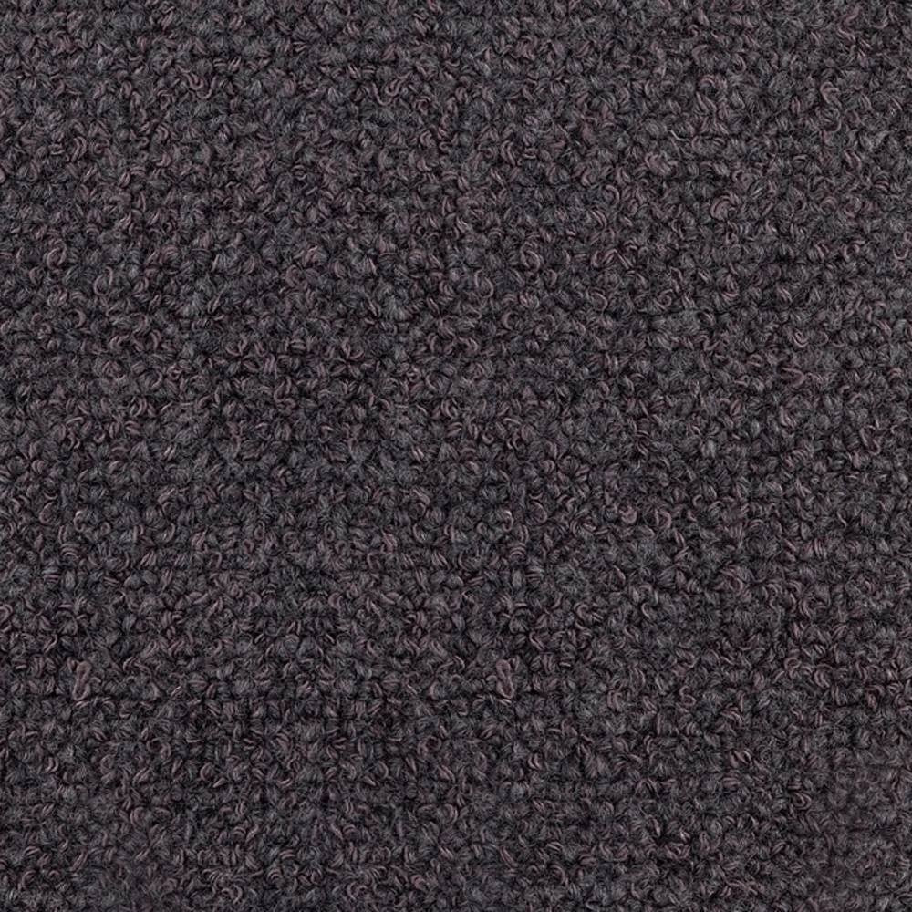 Close-up of dark charcoal boucle upholstery fabric showing dense, nubby looped texture; 15% wool, 54% rayon, 18% acrylic and 13% triacetate blend ideal for sofa upholstery.